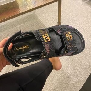 Chanel NIB 22 black denim quilted dad sandals